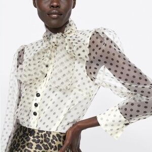 Zara Organza Polka Dot Bow Blouse SIZE MEDIUM